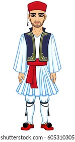 Animation portrait of the young man in  ancient Greek suit. Full growth. The vector illustration isolated on a white background.