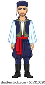 Animation portrait of the young man in  ancient Greek suit. Full growth. The vector illustration isolated on a white background.