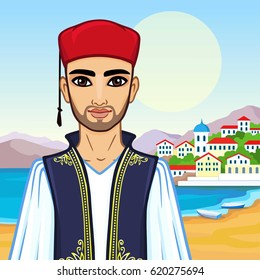 Animation portrait of the young man in  ancient Greek suit.  Background - a sea landscape, mountains, the old city port. Vector illustration.