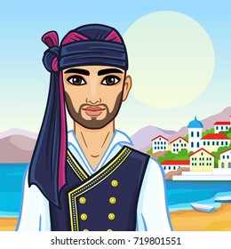  Animation portrait of the young man in an ancient Greek suit. Background - a sea landscape, mountains, the old city port. Vector illustration.