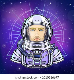 Animation portrait of the young man astronaut in a space suit. Background - the night star sky, flash of space energy. Vector illustration.Print, poster, t-shirt, card.