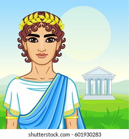 Animation portrait of the young man in traditional clothes of Ancient Greece. A background - a mountain landscape, the antique temple. Vector illustration.