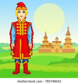 Animation portrait of the young Russian man in rich ancient clothes. Fairy tale character. Background of a summer landscape, ancient wooden city. Vector illustration.