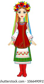 Animation portrait of the young Ukrainian girl in traditional clothes, a wreath and tapes. Full growth. Vector illustration isolated on a white background.
