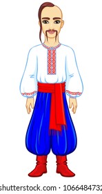 Animation portrait of the young Ukrainian man in traditional clothes.  Full growth. Vector illustration isolated on a white background.