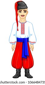 Animation portrait of the young Ukrainian man in traditional clothes.  Full growth. Vector illustration isolated on a white background.