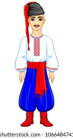 Animation portrait of the young Ukrainian man in traditional clothes.  Full growth. Vector illustration isolated on a white background.