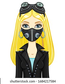 Animation portrait of a young white woman In protective leather mask and steampunk glasses. Template for use. Vector illustration isolated on white background.