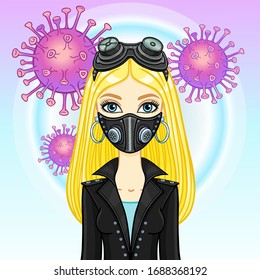 Animation portrait of a young white woman In  leather mask and steampunk glasses. Protection against coronavirus epidemic. Vector illustration.