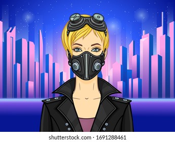 Animation portrait of a young white woman In protective leather mask and steampunk glasses. Background -  night modern city. Vector illustration.