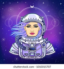 Animation portrait of the young woman astronaut in an open space suit. Background - the night star sky. Vector illustration. Print, poster, t-shirt, card.