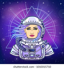 Animation portrait of the young woman astronaut in an open space suit. Background - the night star sky. Vector illustration. Print, poster, t-shirt, card.