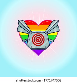 Animación Corazón de color arcoiris en el corazón de la armadura es forzado a defenderse. Orgullo gay. Concepto LGBT. Pegatina, camiseta de impresión, postal, diseño de logotipo. Ilustración vectorial en un fondo azul.