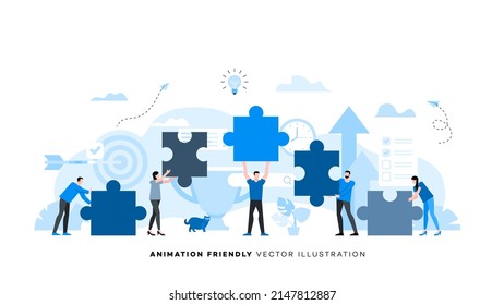 Animation ready duik friendly vector Illustration. Conceptual business story. Puzzle connection, teamwork abstract metaphor, partnership, collaboration, solving problem, effective business solution.