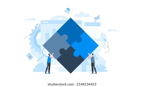 Animation ready duik friendly vector Illustration. Conceptual business story. Puzzle connection, teamwork abstract metaphor, partnership, collaboration, solving problem, effective business solution.