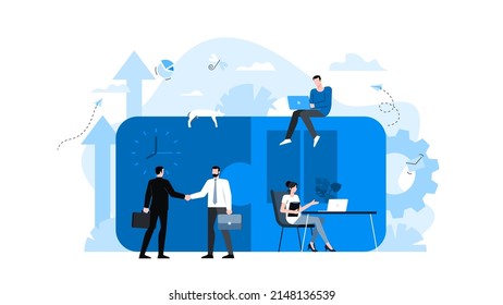 Animación preparada para el vector amigable duik Ilustración. Historia conceptual de los negocios. Conexión de rompecabezas, metáfora abstracta de trabajo en equipo, asociación, colaboración, resolución de problemas, solución eficaz de negocios.