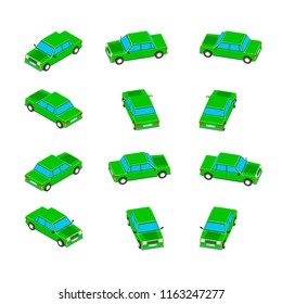 Animation of the rotation of the car in isometric view. Green car with different viewing angles.