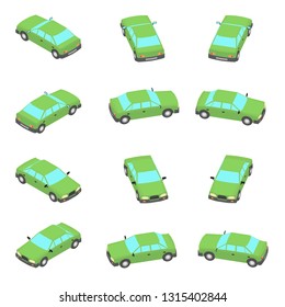 Animation Of The Rotation Of The Car In Isometric View. Green Car With Different Viewing Angles.