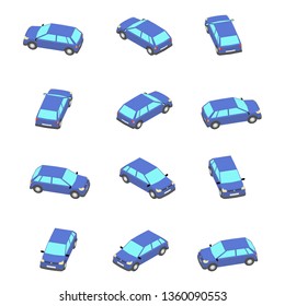 Animation Of The Rotation Of The Car In Isometric View. Blue Hatchback With Different Viewing Angles.