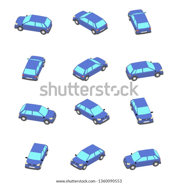 Animation of the rotation of\
the car in isometric view. Blue hatchback with different viewing\
angles.