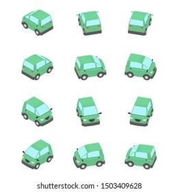 Animation Of The Rotation Compact Car In Isometric View. Green Car Coupe With Different Viewing Angles.