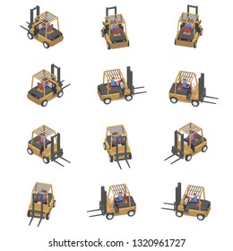 Animation of the rotation of the forklift in isometric view. Loader with different viewing angles.