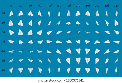 Animation of the rotation of a paper airplane. Big set of paper planes.