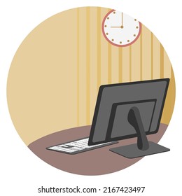 Animation round background of the office room with table, PC, monitor, clock, vector illustration 