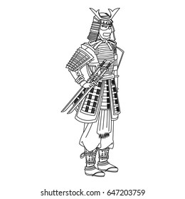 animation samurai man to ancient clothes. wearing armor helmet mask warrior