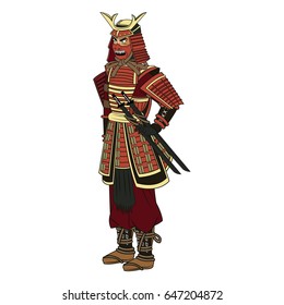 animation samurai man to ancient clothes. wearing armor helmet mask warrior