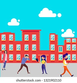 
Animation of the scene of colleagues on the motion graphics. People in the city. Clear day.