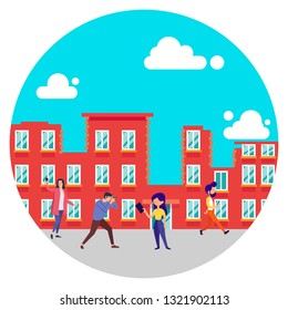 
Animation of the scene of colleagues on the motion graphics. People in the city. Clear day.