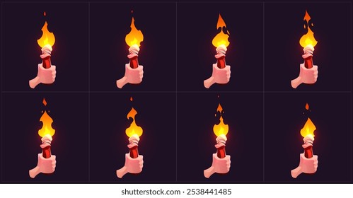 Animation sequence of cartoon hand holding burning torch. Eight frames for glowing flame movement on dark background. Human palm grasping wooden handle with orange and yellow flickering fire.