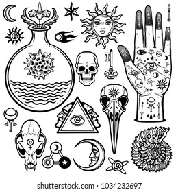 Animation set of alchemical symbols. Esoteric, mysticism, occultism. Monochrome vector illustration isolated on a white background.