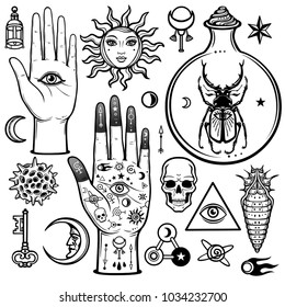 Animation set of alchemical symbols. Esoteric, mysticism, occultism. Monochrome vector illustration isolated on a white background.
