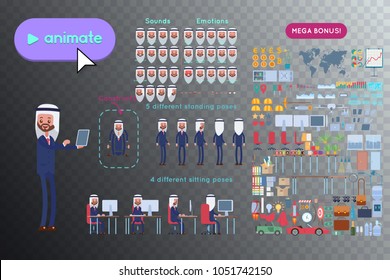 Animation set Arab saudi businessman character. Animation of sounds, emotions. View straight, side, back, half-turn. Body parts elements for animation. Set for interior and environment.