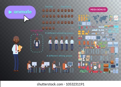 Animation set Black businessman character. Animation of sounds, emotions. View straight, side, back, half-turn. Body parts elements for animation. Set for interior and environment.