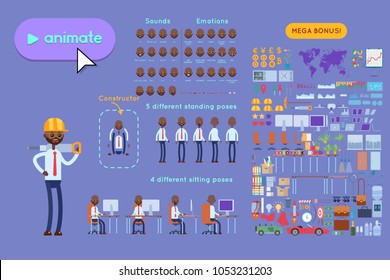 Animation set Black businessman character. Animation of sounds, emotions. View straight, side, back, half-turn. Body parts elements for animation. Set for interior and environment.