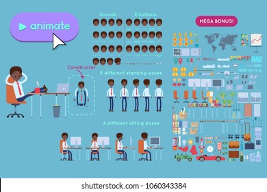 Animation set Black businessman character. Animation of sounds, emotions. View straight, side, back, half-turn. Body parts elements for animation. Set for interior and environment.