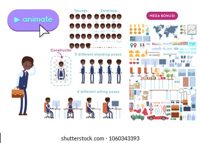Animation set Black businessman character. Animation of sounds, emotions. View straight, side, back, half-turn. Body parts elements for animation. Set for interior and environment.