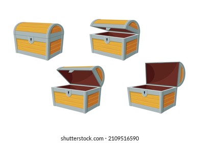 Animation set of chests for gold and treasure. Vector illustrations of open and closed empty wood box with metal frames. Cartoon ancient container for pirates isolated on white. Game UI, toy concept