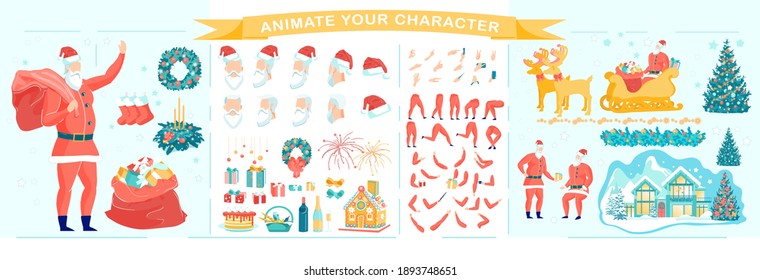 Animation Set with Christmas Celebration Symbols and Decorations and Santa Claus Cartoon Character. ELderly Man in Santa Suit and Hat with Winter Holidays Elements. Flat Vector Illustration Isolated.