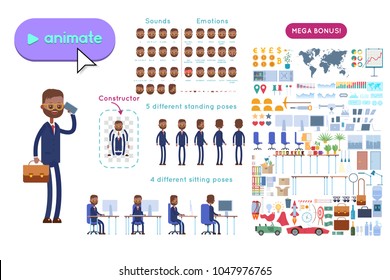 Animation set indian businessman character. Animation of sounds, emotions. View straight, side, back, half-turn. Body parts elements for animation. Set for interior and environment.