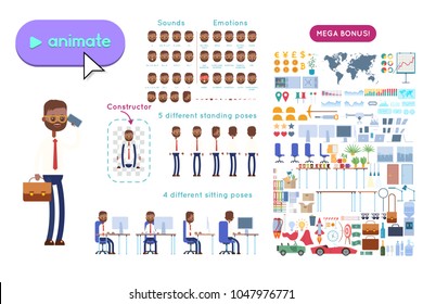 Animation set indian businessman character. Animation of sounds, emotions. View straight, side, back, half-turn. Body parts elements for animation. Set for interior and environment.