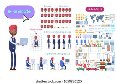 Animation set indian businessman character. Animation of sounds, emotions. View straight, side, back, half-turn. Body parts elements for animation. Set for interior and environment.