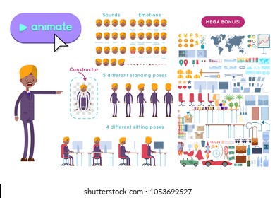 Animation set indian businessman character. Animation of sounds, emotions. View straight, side, back, half-turn. Body parts elements for animation. Set for interior and environment.