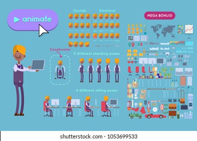 Animation set indian businessman character. Animation of sounds, emotions. View straight, side, back, half-turn. Body parts elements for animation. Set for interior and environment.