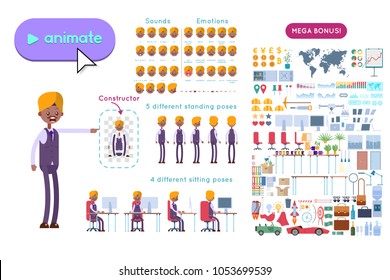 Animation set indian businessman character. Animation of sounds, emotions. View straight, side, back, half-turn. Body parts elements for animation. Set for interior and environment.