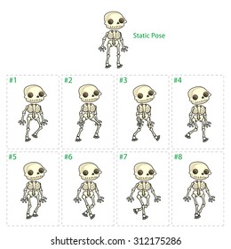 Animation of skeleton walking. Eight walking frames + 1 static pose. Vector cartoon isolated character/frames.