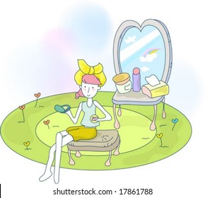 Animation Sketch - cute and pretty young woman is putting on some makeup on white background : vector illustration